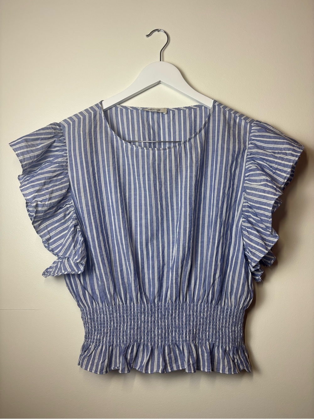Madewell Stripped Flutter Sleeve Light Blue & White Smock Top, size M - Picture 2 of 9